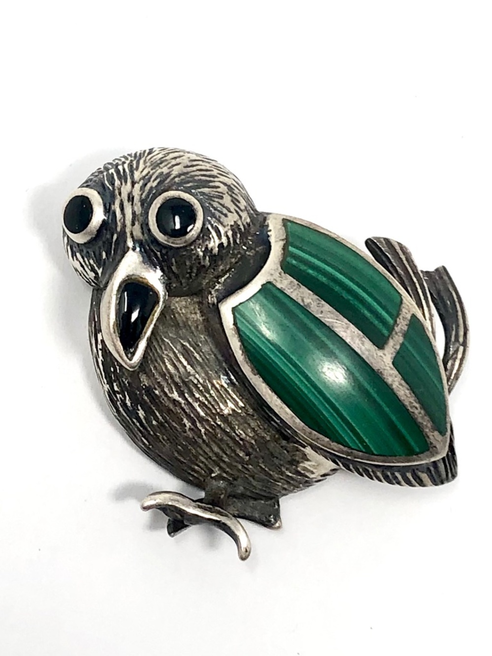Vintage mid-century sterling silver, malachite and onyx bird pin / brooch